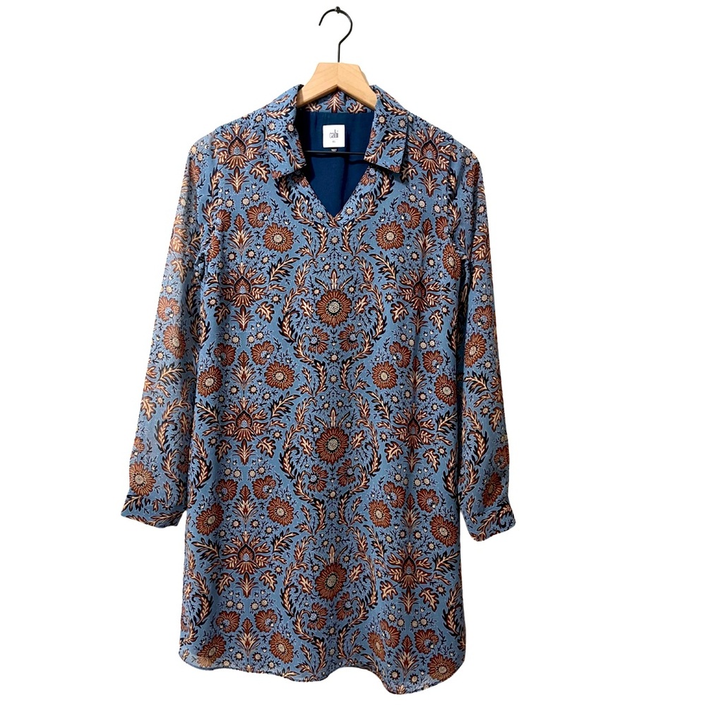 Cabi Blue Brown Tan Floral Shift Shirt Dress Size XS